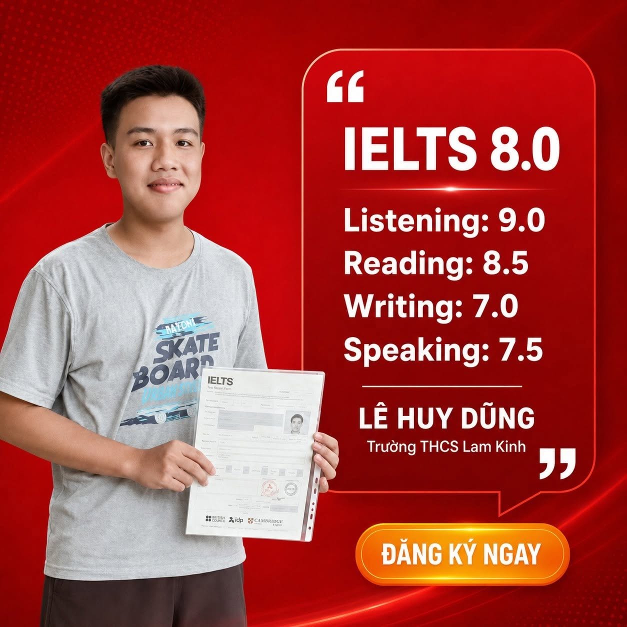 Học viên Lê Huy Dũng đạt IELTS 8.0