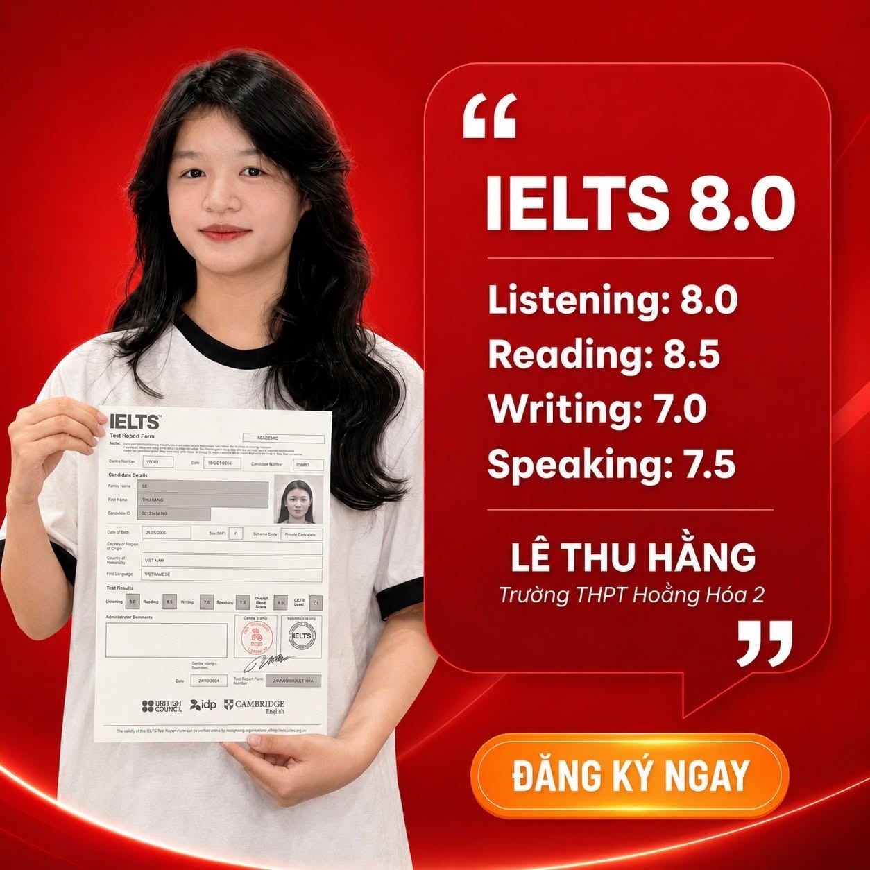 Học viên Lê Thu Hằng đạt IELTS 8.0 tại VicOne